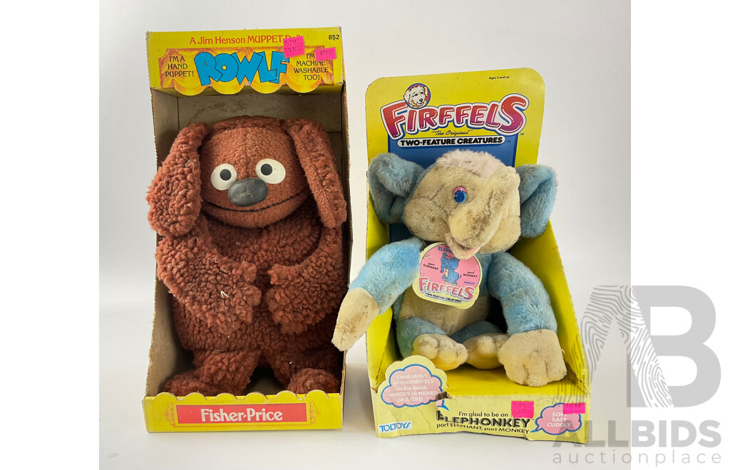 Vintage Fisher Price Rowlf Hand Puppet and Toltoys Firffels Elephonkey, Both in Original Packaging