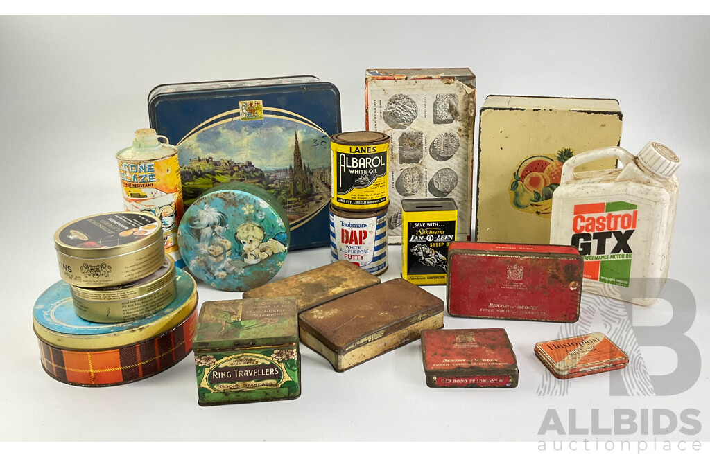 Collection of Vintage Tins Including Sunbeam Lan-o-leen Sheep Dip Money Tin, Benson & Hedges, Ring Travellers, G.J Coles & Coy Toffees, Arnotts, Willow Fruit Tin with Castrol GTX One Quart Plastic Bottle