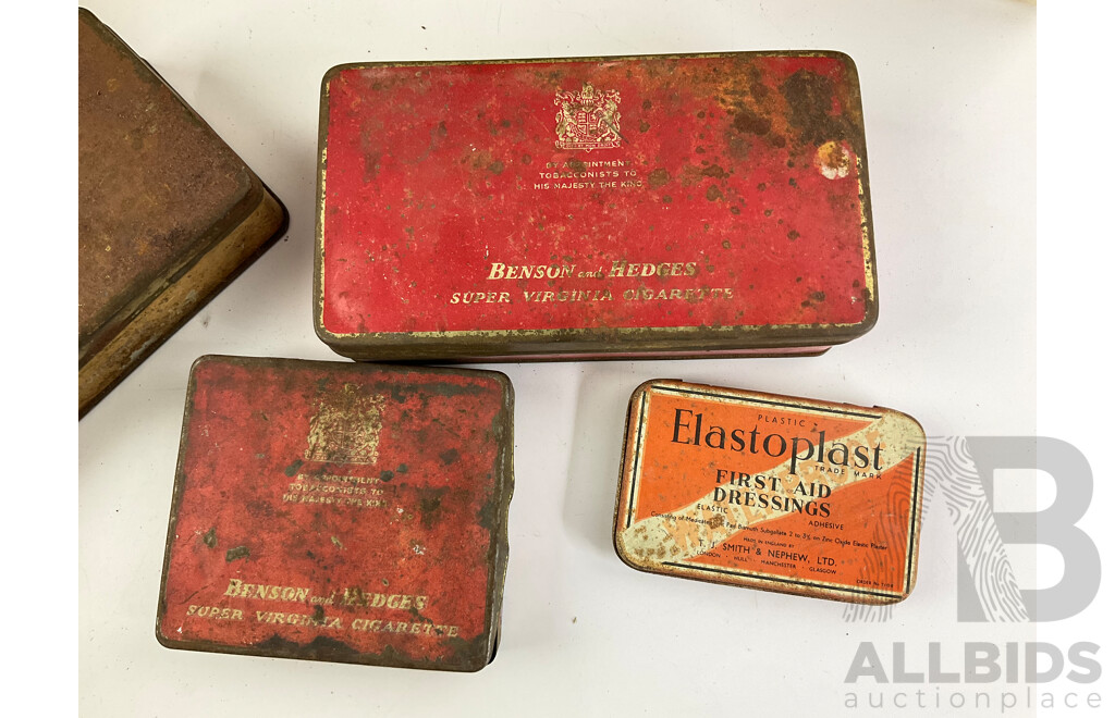 Collection of Vintage Tins Including Sunbeam Lan-o-leen Sheep Dip Money Tin, Benson & Hedges, Ring Travellers, G.J Coles & Coy Toffees, Arnotts, Willow Fruit Tin with Castrol GTX One Quart Plastic Bottle