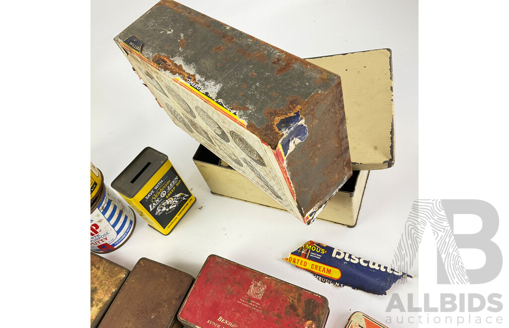 Collection of Vintage Tins Including Sunbeam Lan-o-leen Sheep Dip Money Tin, Benson & Hedges, Ring Travellers, G.J Coles & Coy Toffees, Arnotts, Willow Fruit Tin with Castrol GTX One Quart Plastic Bottle