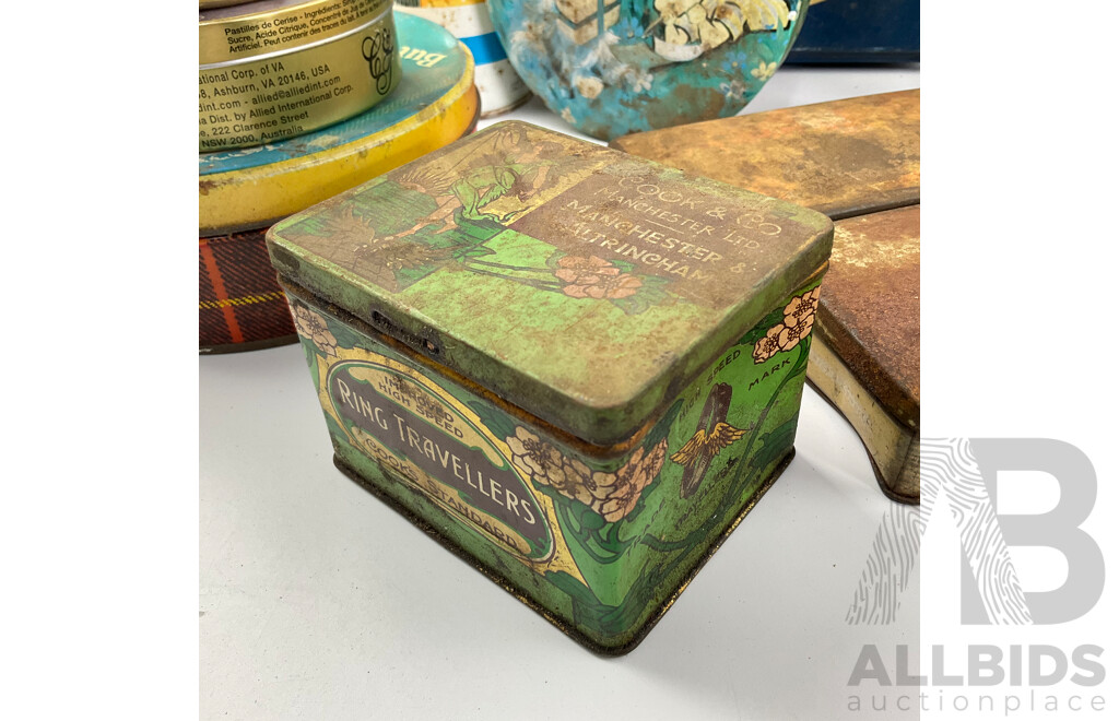 Collection of Vintage Tins Including Sunbeam Lan-o-leen Sheep Dip Money Tin, Benson & Hedges, Ring Travellers, G.J Coles & Coy Toffees, Arnotts, Willow Fruit Tin with Castrol GTX One Quart Plastic Bottle