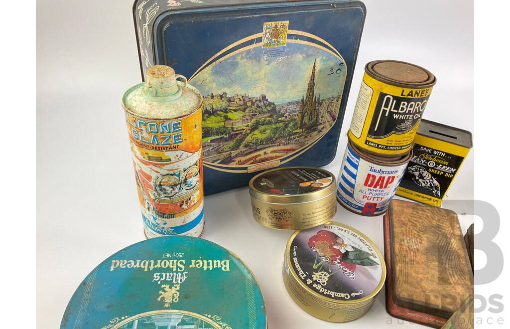 Collection of Vintage Tins Including Sunbeam Lan-o-leen Sheep Dip Money Tin, Benson & Hedges, Ring Travellers, G.J Coles & Coy Toffees, Arnotts, Willow Fruit Tin with Castrol GTX One Quart Plastic Bottle