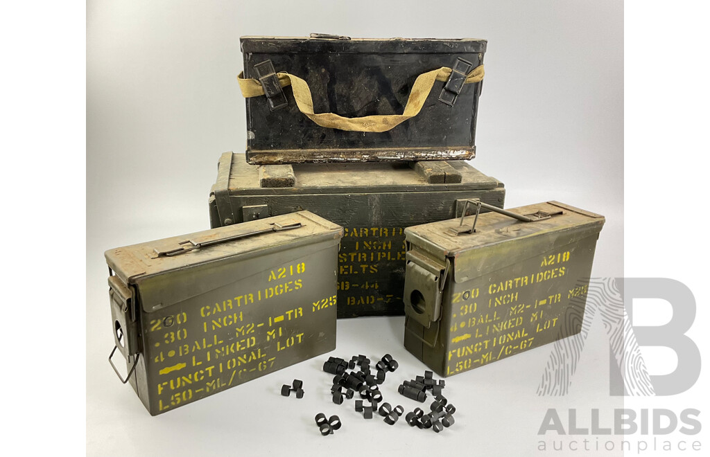 Vintage Timber and Steel Ammunition Boxes with Small Caliber Links