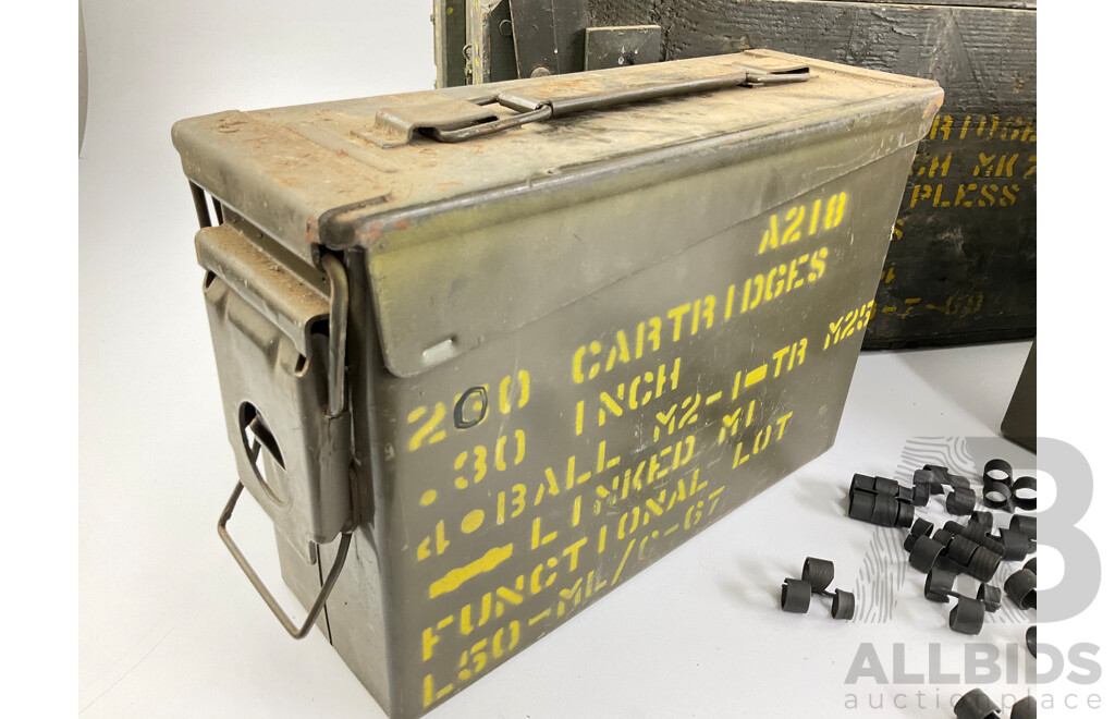 Vintage Timber and Steel Ammunition Boxes with Small Caliber Links