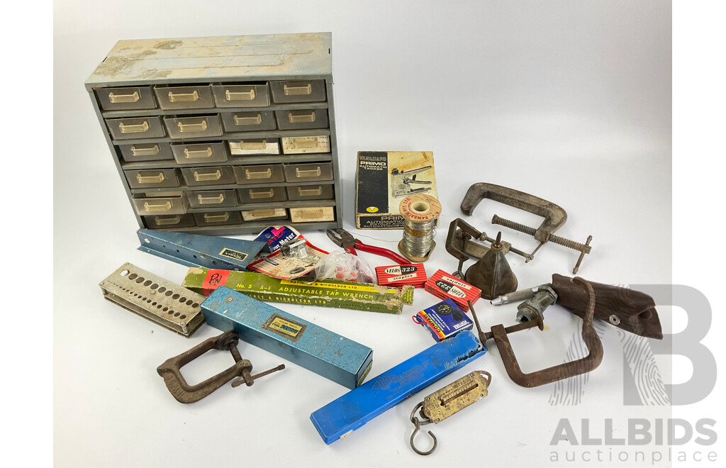 Collection of Vintage Tools Including Clamps, Oil Tin, Honing Tool, Boxed Vanguard Auto Tacker and More