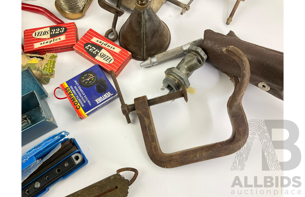 Collection of Vintage Tools Including Clamps, Oil Tin, Honing Tool, Boxed Vanguard Auto Tacker and More