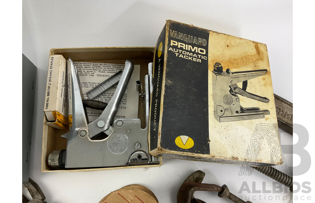 Collection of Vintage Tools Including Clamps, Oil Tin, Honing Tool, Boxed Vanguard Auto Tacker and More