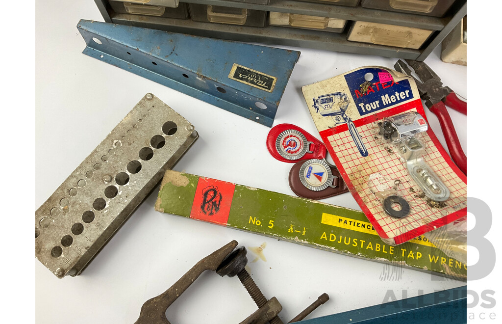 Collection of Vintage Tools Including Clamps, Oil Tin, Honing Tool, Boxed Vanguard Auto Tacker and More