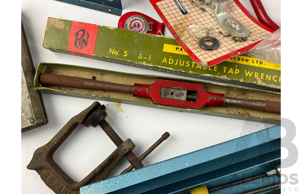 Collection of Vintage Tools Including Clamps, Oil Tin, Honing Tool, Boxed Vanguard Auto Tacker and More