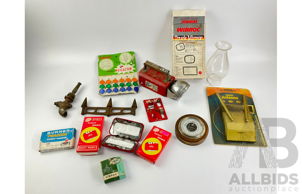 Collection of Vintage Items Including Eveready Battery Tester, Ray-O-Vac Flashlight, Lufft Barometer, Sports Pocket Warmer