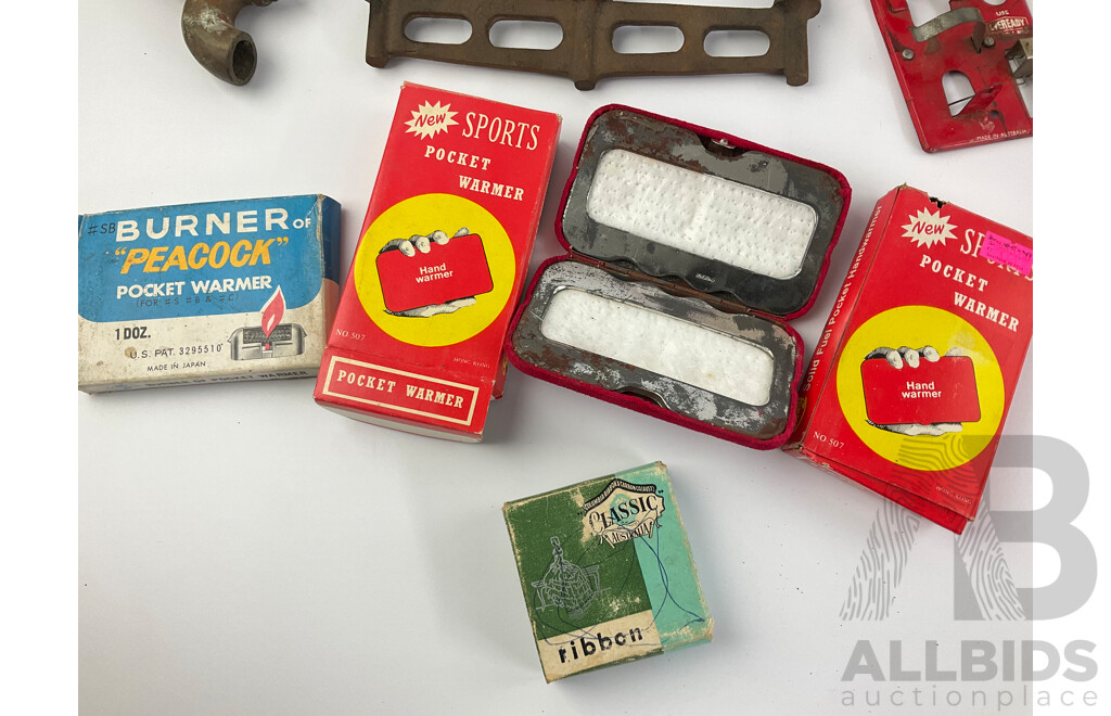 Collection of Vintage Items Including Eveready Battery Tester, Ray-O-Vac Flashlight, Lufft Barometer, Sports Pocket Warmer