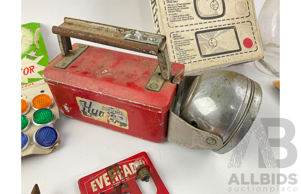 Collection of Vintage Items Including Eveready Battery Tester, Ray-O-Vac Flashlight, Lufft Barometer, Sports Pocket Warmer