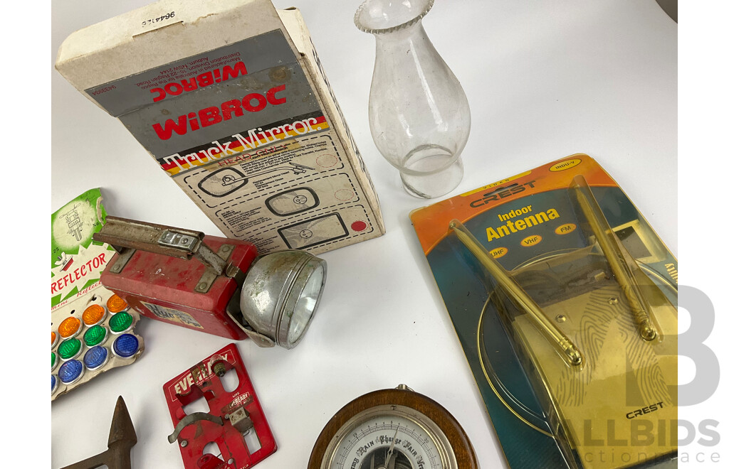 Collection of Vintage Items Including Eveready Battery Tester, Ray-O-Vac Flashlight, Lufft Barometer, Sports Pocket Warmer