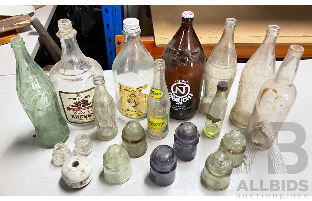 Collection of Vintage Glass Bottles and Power Line Insulators Including Coca Cola and Agee