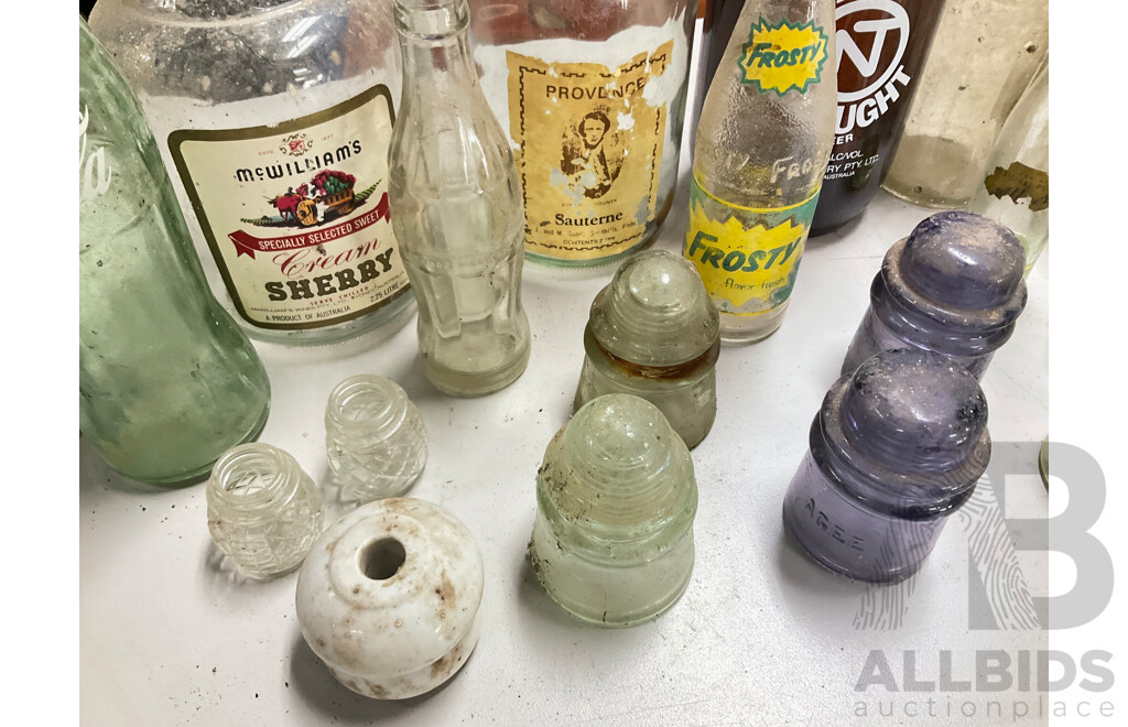 Collection of Vintage Glass Bottles and Power Line Insulators Including Coca Cola and Agee