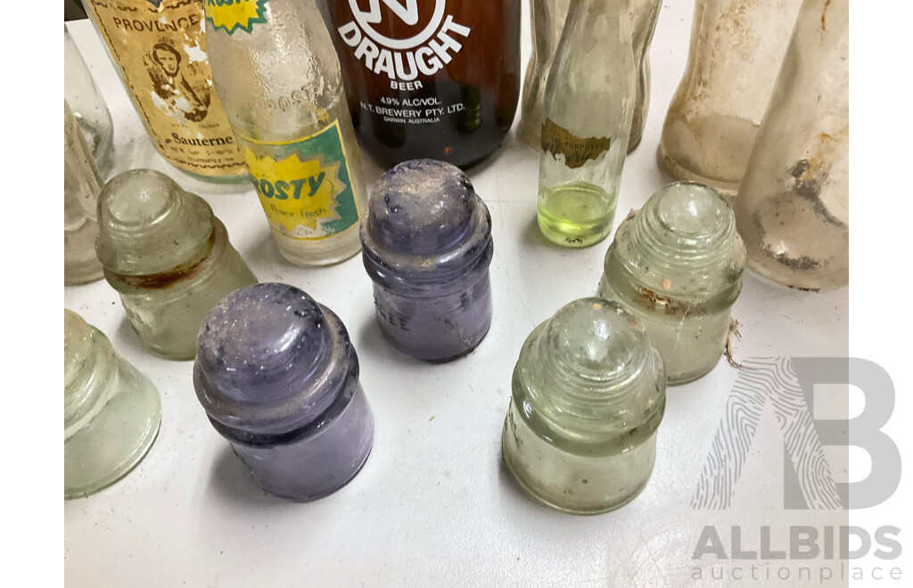 Collection of Vintage Glass Bottles and Power Line Insulators Including Coca Cola and Agee