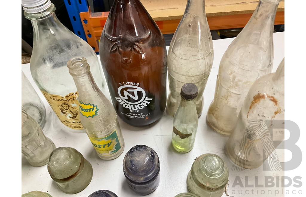 Collection of Vintage Glass Bottles and Power Line Insulators Including Coca Cola and Agee