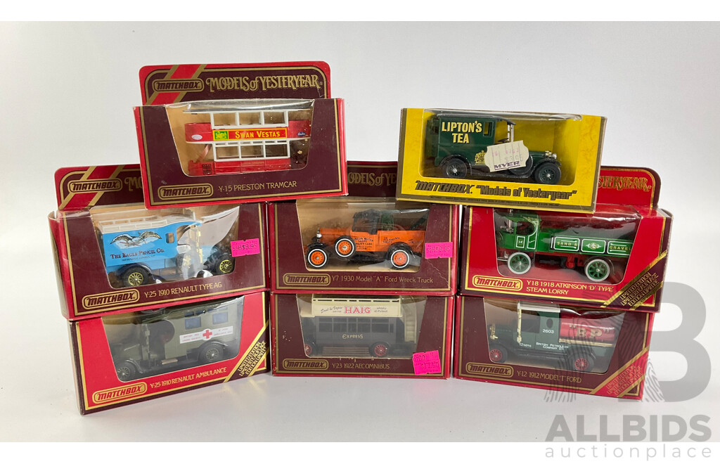 Eight Vintage Matchbox Models of Yesteryear Trucks, Tram and Bus Including Renault, Ford, Atkinson and Talbot