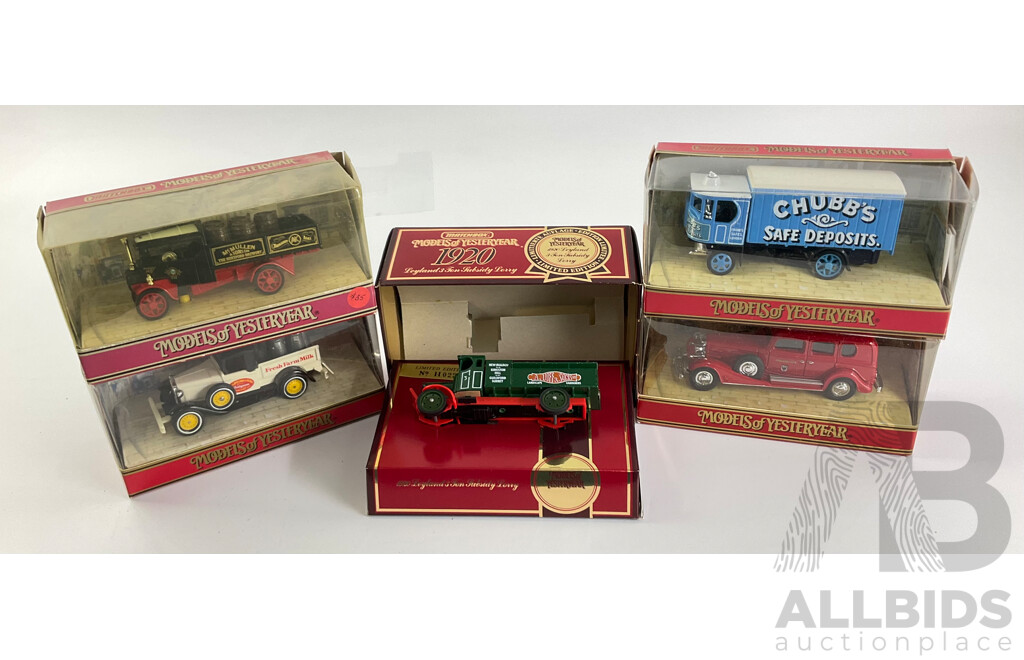 Five Vintage Matchbox Models of Yesteryear Vehicles Including Ford, Leyland and Cadillac