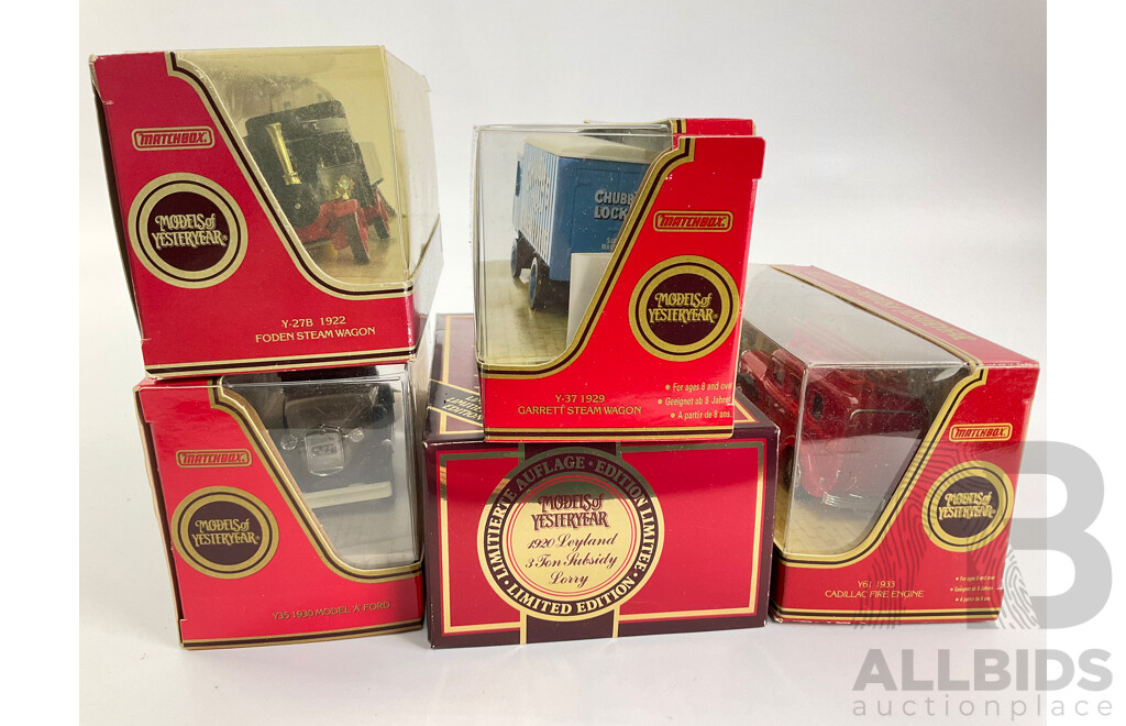 Five Vintage Matchbox Models of Yesteryear Vehicles Including Ford, Leyland and Cadillac