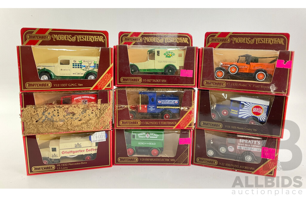 Nine Vintage Matchbox Models of Yesteryear Vehicles Including GMC, Ford, Talbot and Mercedes-Benz