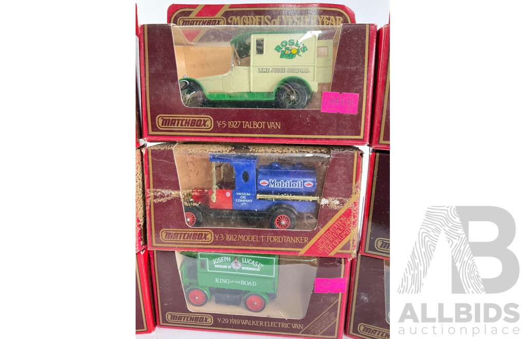 Nine Vintage Matchbox Models of Yesteryear Vehicles Including GMC, Ford, Talbot and Mercedes-Benz