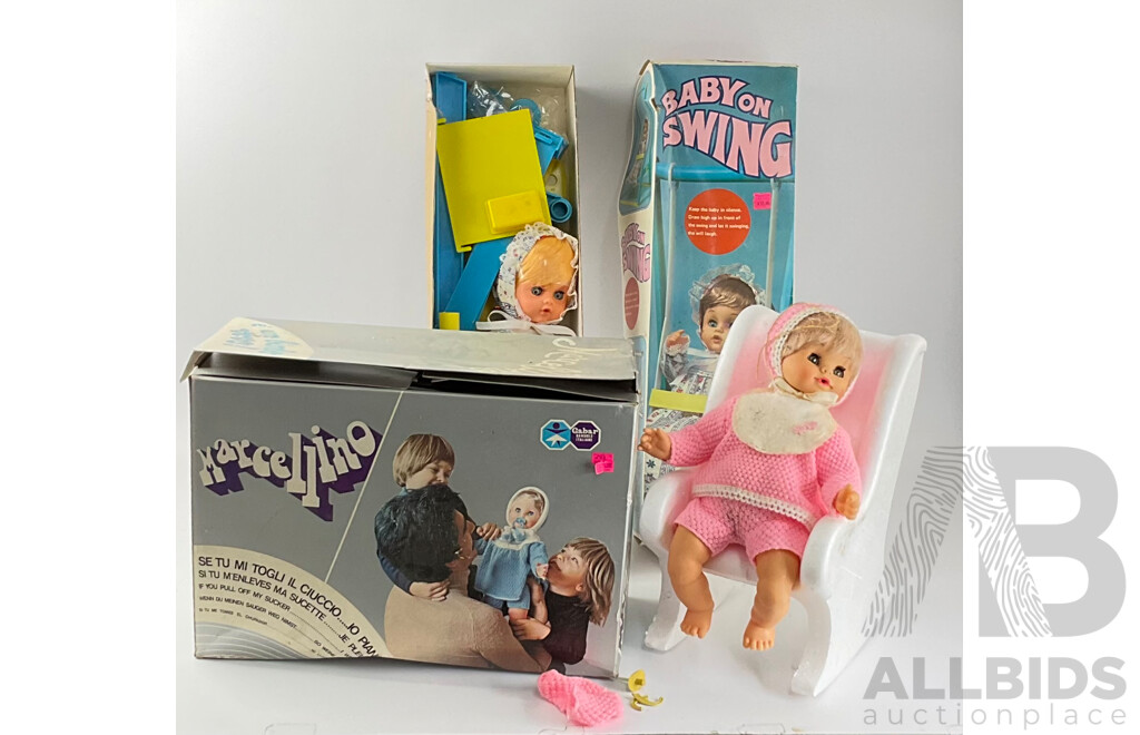 Vintage Baby on Swing and Gabar Marcellino Weeping Baby in Original Boxes