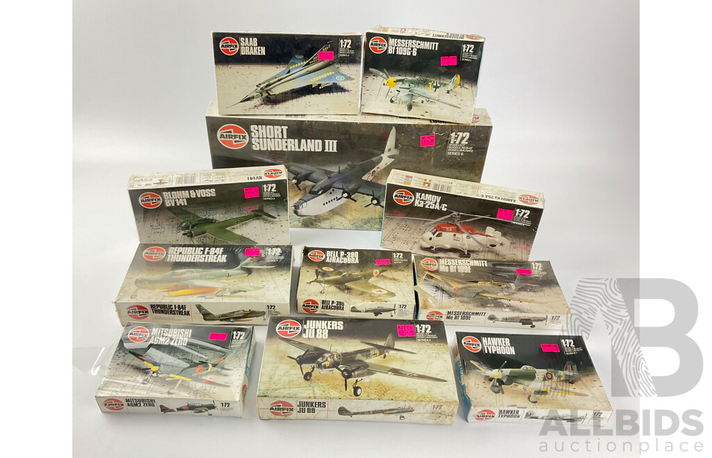 Collection of Vintage Airfix Model Aircraft Including Short Sunderland III, Airacobra, ME 109E, Junkers JU88, Messerschmitt and More, All 1:72 Scale in Sealed Boxes