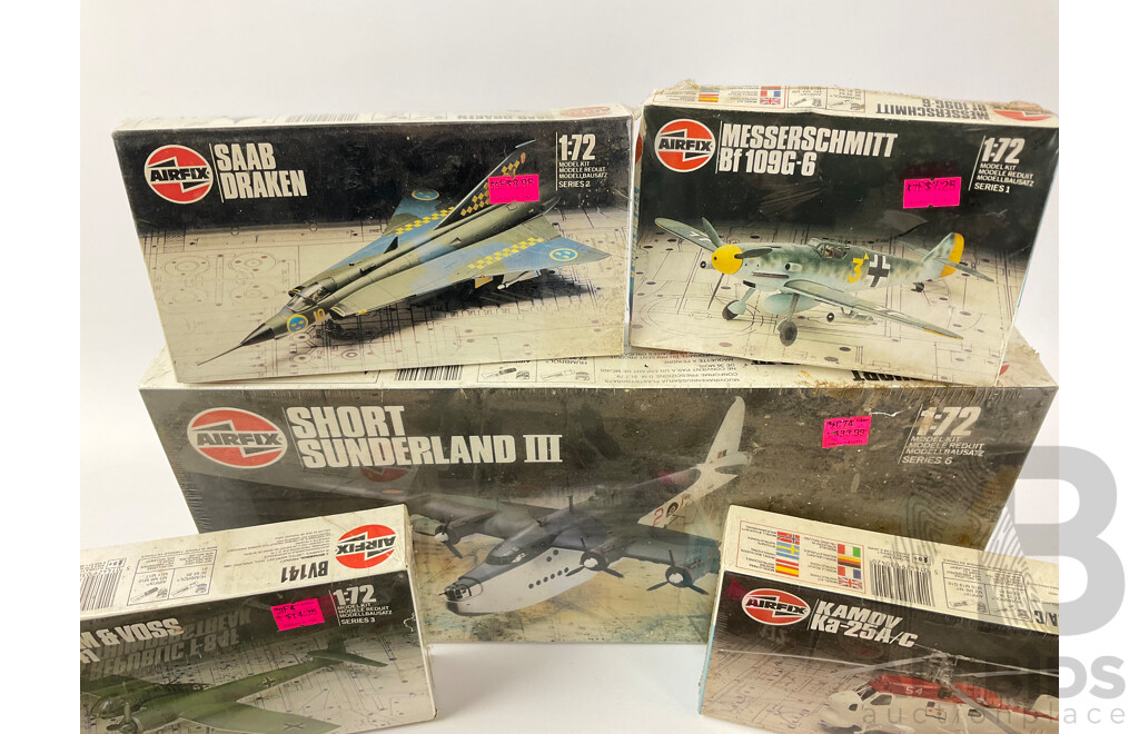 Collection of Vintage Airfix Model Aircraft Including Short Sunderland III, Airacobra, ME 109E, Junkers JU88, Messerschmitt and More, All 1:72 Scale in Sealed Boxes