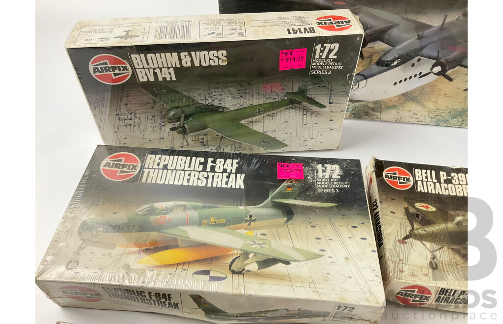 Collection of Vintage Airfix Model Aircraft Including Short Sunderland III, Airacobra, ME 109E, Junkers JU88, Messerschmitt and More, All 1:72 Scale in Sealed Boxes