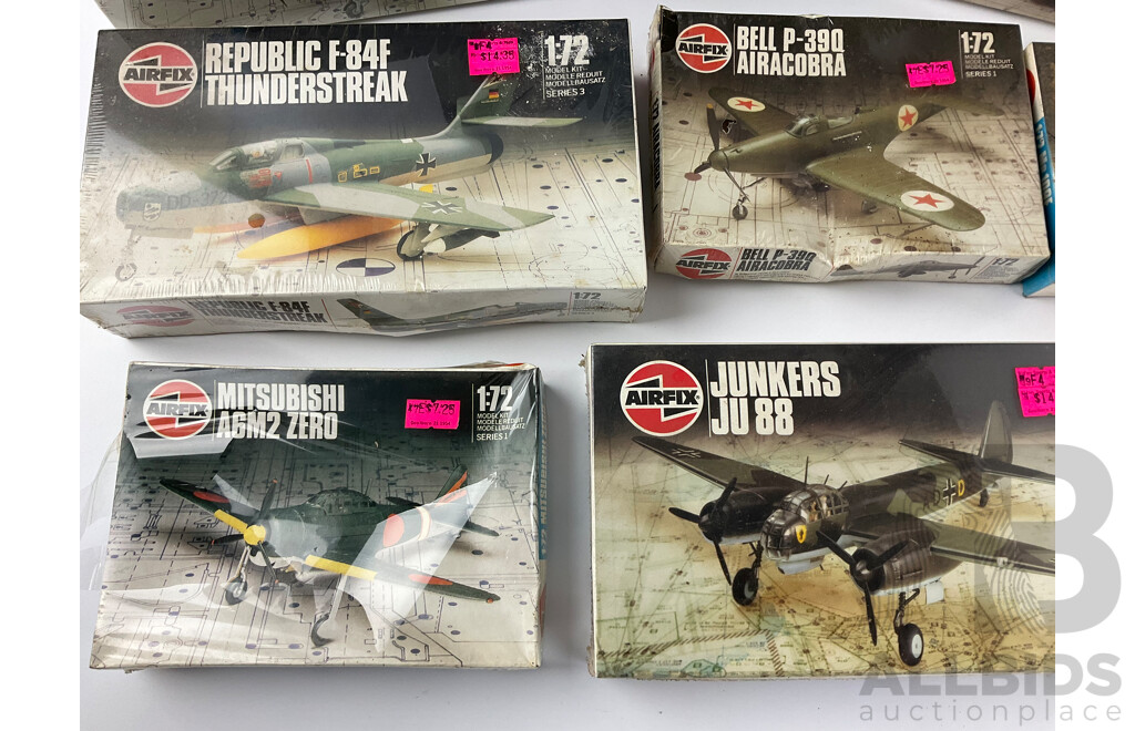 Collection of Vintage Airfix Model Aircraft Including Short Sunderland III, Airacobra, ME 109E, Junkers JU88, Messerschmitt and More, All 1:72 Scale in Sealed Boxes