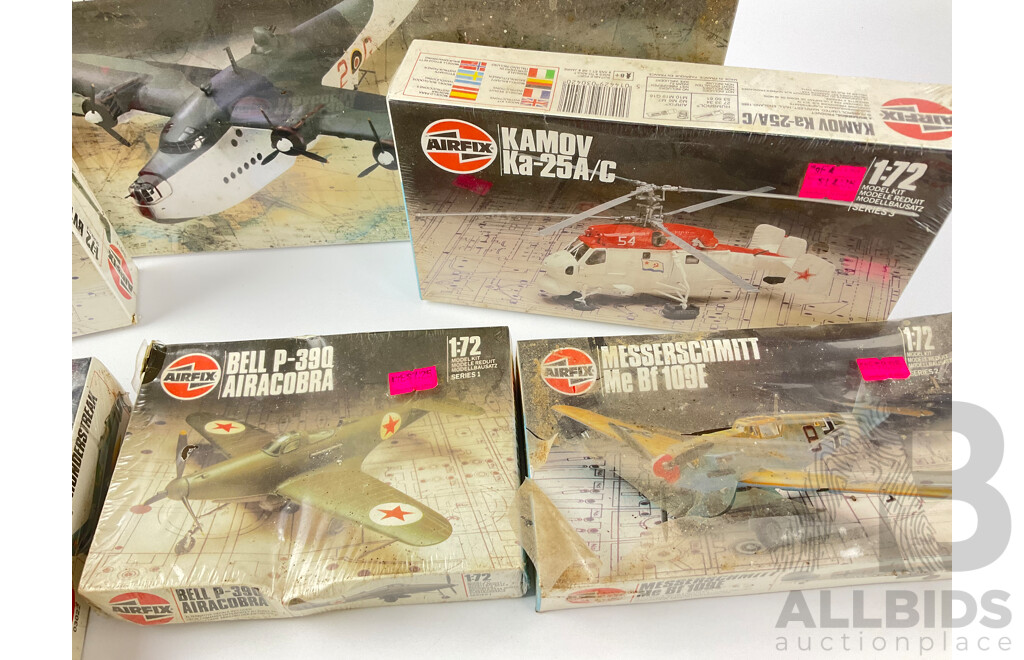 Collection of Vintage Airfix Model Aircraft Including Short Sunderland III, Airacobra, ME 109E, Junkers JU88, Messerschmitt and More, All 1:72 Scale in Sealed Boxes