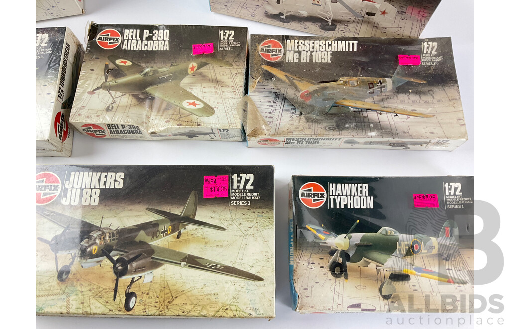 Collection of Vintage Airfix Model Aircraft Including Short Sunderland III, Airacobra, ME 109E, Junkers JU88, Messerschmitt and More, All 1:72 Scale in Sealed Boxes