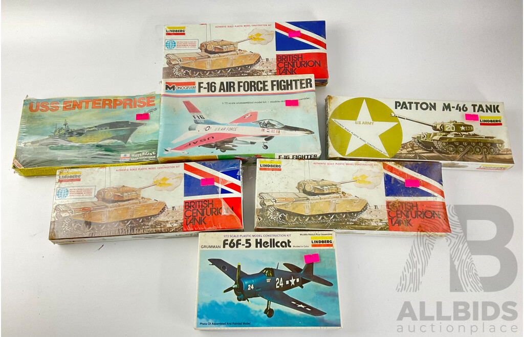 Collection of Vintage Monogram and Lindberg Plastic Model Kits Including Tanks, Planes and Ship, All in Sealed Boxes