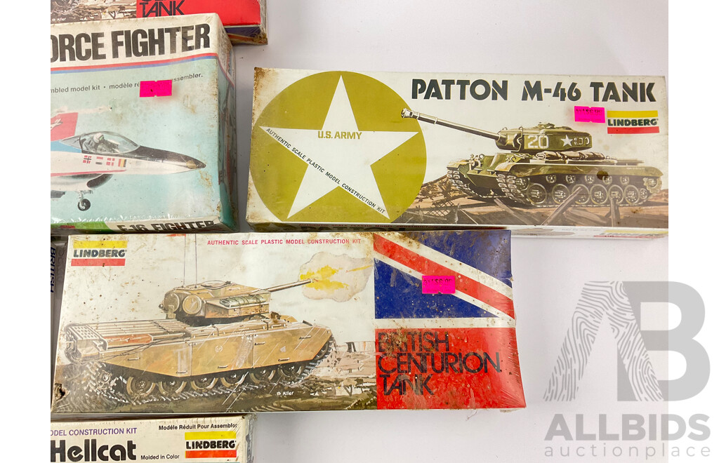 Collection of Vintage Monogram and Lindberg Plastic Model Kits Including Tanks, Planes and Ship, All in Sealed Boxes