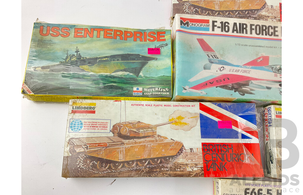 Collection of Vintage Monogram and Lindberg Plastic Model Kits Including Tanks, Planes and Ship, All in Sealed Boxes