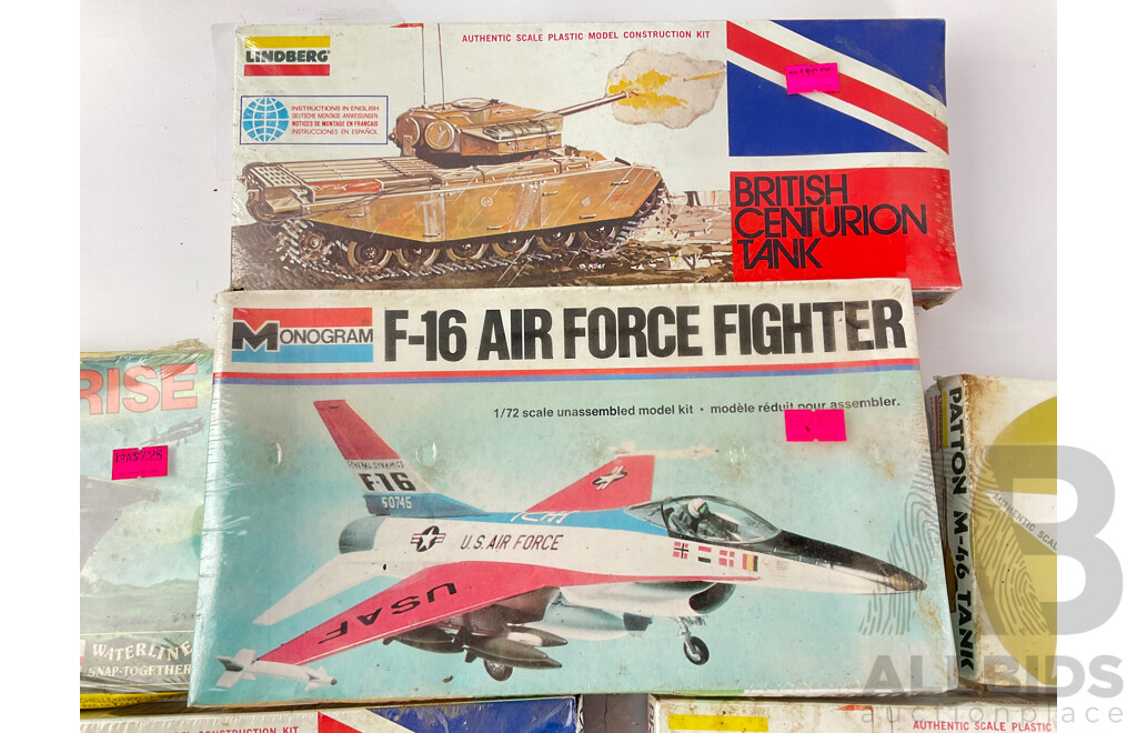 Collection of Vintage Monogram and Lindberg Plastic Model Kits Including Tanks, Planes and Ship, All in Sealed Boxes