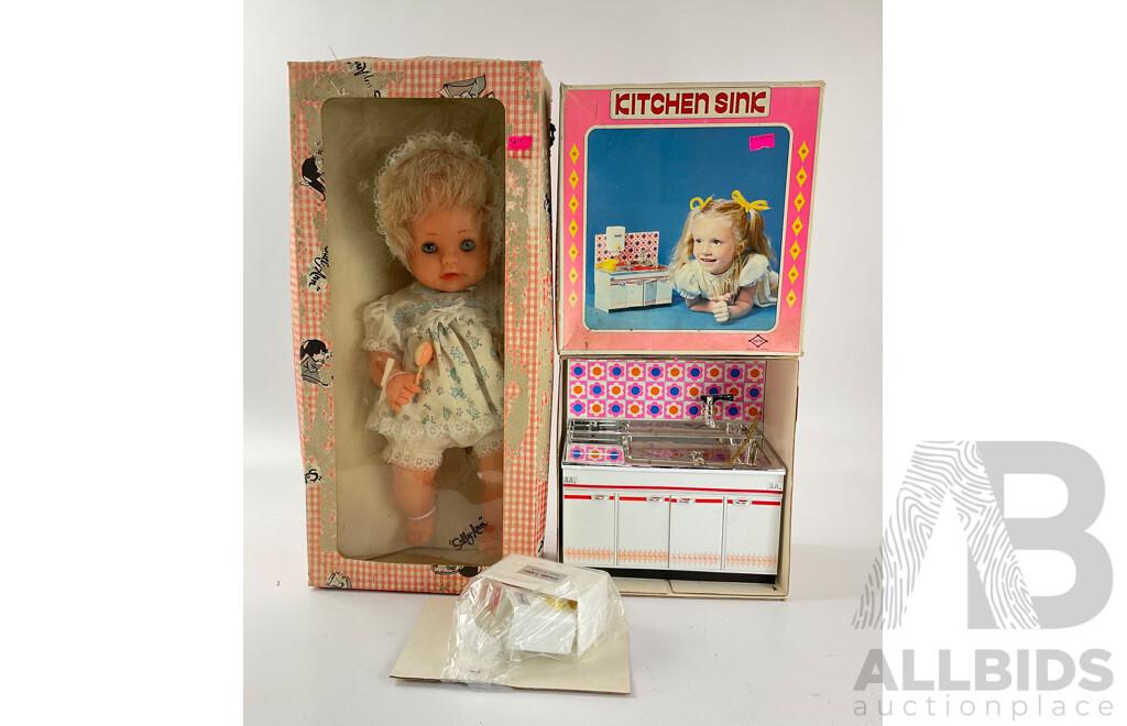 Vintage Sally Ann Doll with Matching Linen Set and Daiya Kitchen Sink in Original Boxes