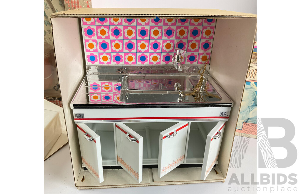 Vintage Sally Ann Doll with Matching Linen Set and Daiya Kitchen Sink in Original Boxes