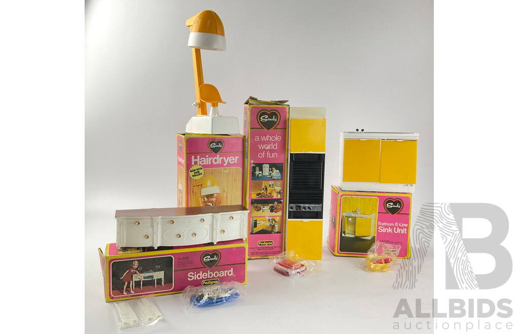 Vintage Pedigree Sindy Accessories Including Sideboard, Hairdryer, Wall Oven, Sink Unit, All with Original Packaging