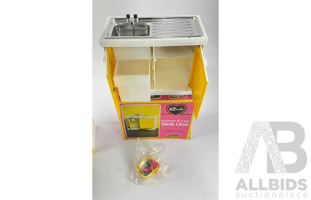 Vintage Pedigree Sindy Accessories Including Sideboard, Hairdryer, Wall Oven, Sink Unit, All with Original Packaging