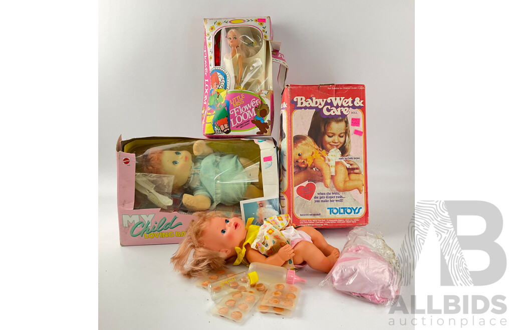 Vintage Mettel My Child Loving Baby, Toltoys Baby Wet and Care and Little Miss Flower Loom, All with Original Boxes