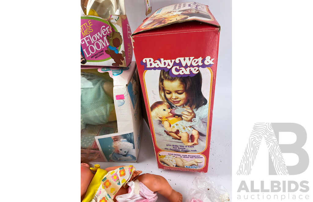 Vintage Mettel My Child Loving Baby, Toltoys Baby Wet and Care and Little Miss Flower Loom, All with Original Boxes