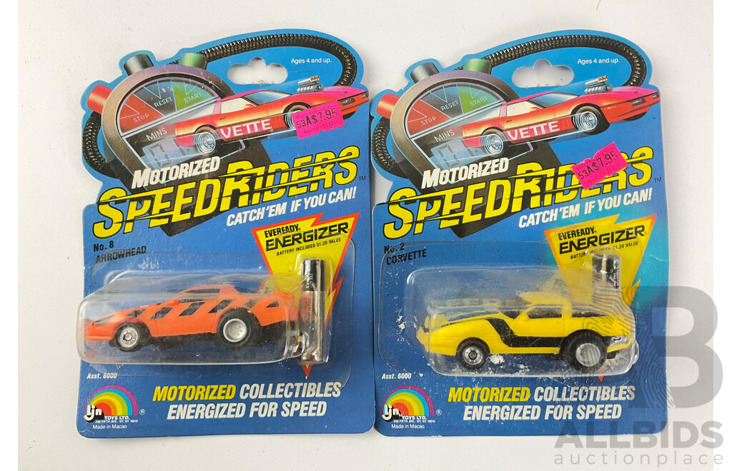 Two 1985 LJN Toys Motorized Speed Riders, Corvette and Arrowhead in Original Packaging