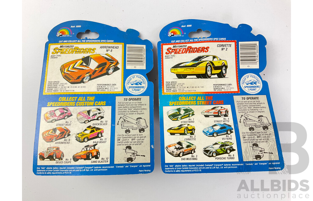 Two 1985 LJN Toys Motorized Speed Riders, Corvette and Arrowhead in Original Packaging