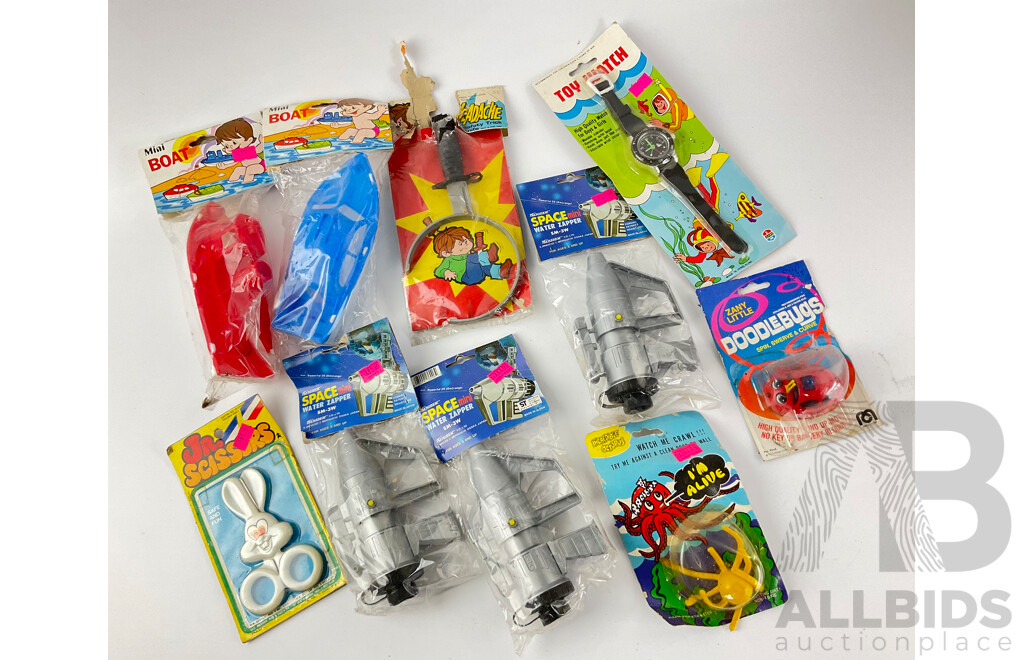 Collection of 1980's Toys Including Mini Space Water Zapper, Jr Scissors, Doodle Bug and More, All in Original Packaging