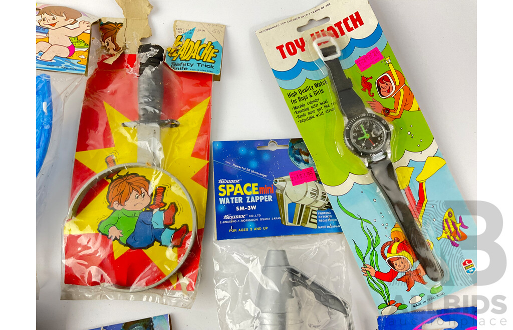 Collection of 1980's Toys Including Mini Space Water Zapper, Jr Scissors, Doodle Bug and More, All in Original Packaging