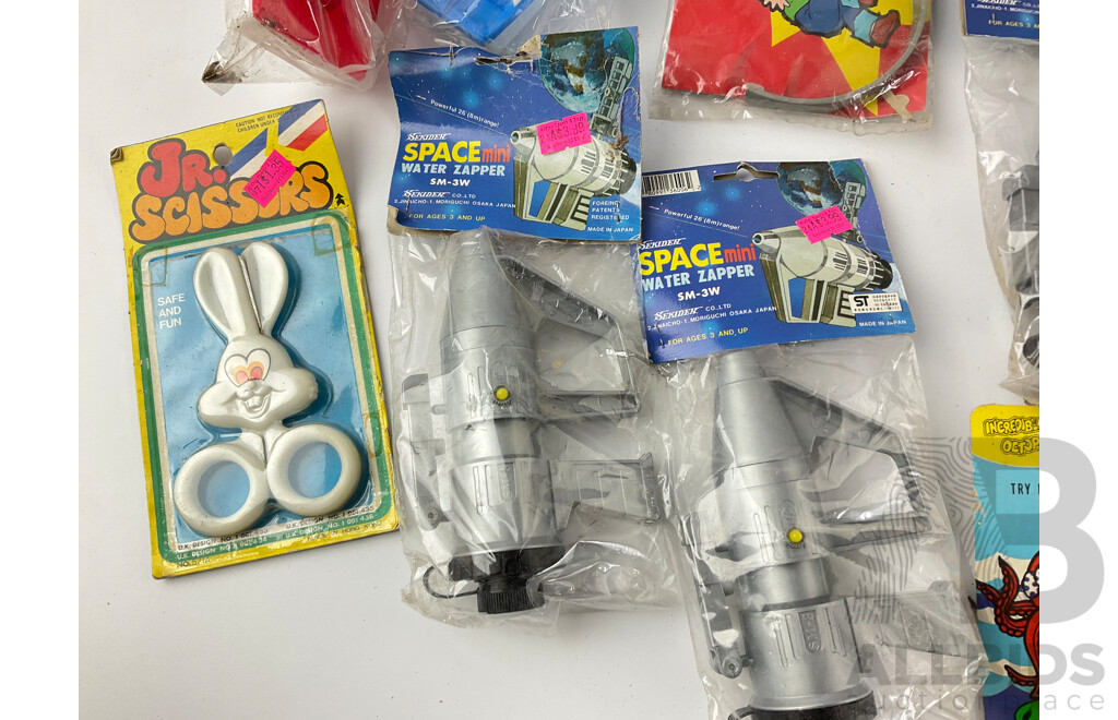 Collection of 1980's Toys Including Mini Space Water Zapper, Jr Scissors, Doodle Bug and More, All in Original Packaging