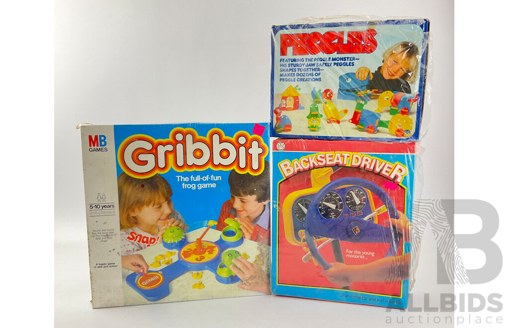 Vintage Milton Bradley Gribbit, Mego Corp Peggles and Crown & Andrews Backseat Driver All in Sealed Boxes