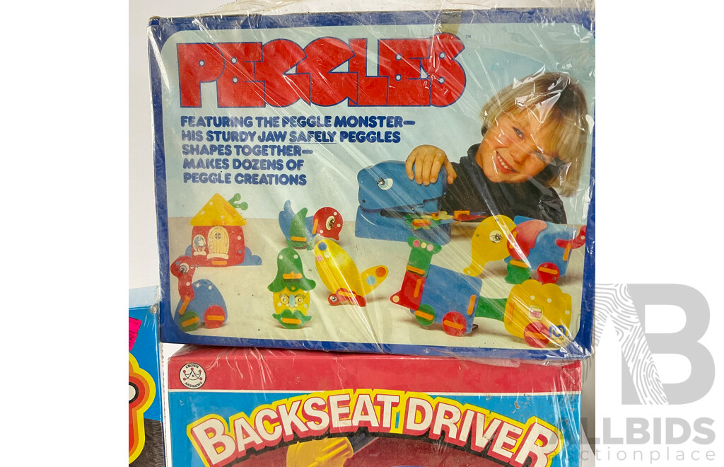 Vintage Milton Bradley Gribbit, Mego Corp Peggles and Crown & Andrews Backseat Driver All in Sealed Boxes